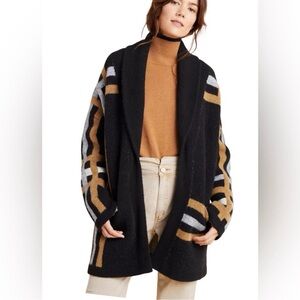 Anthropologie Plaid Wool Blend Shawl Collar Cardigan Coat Black Tan Size S